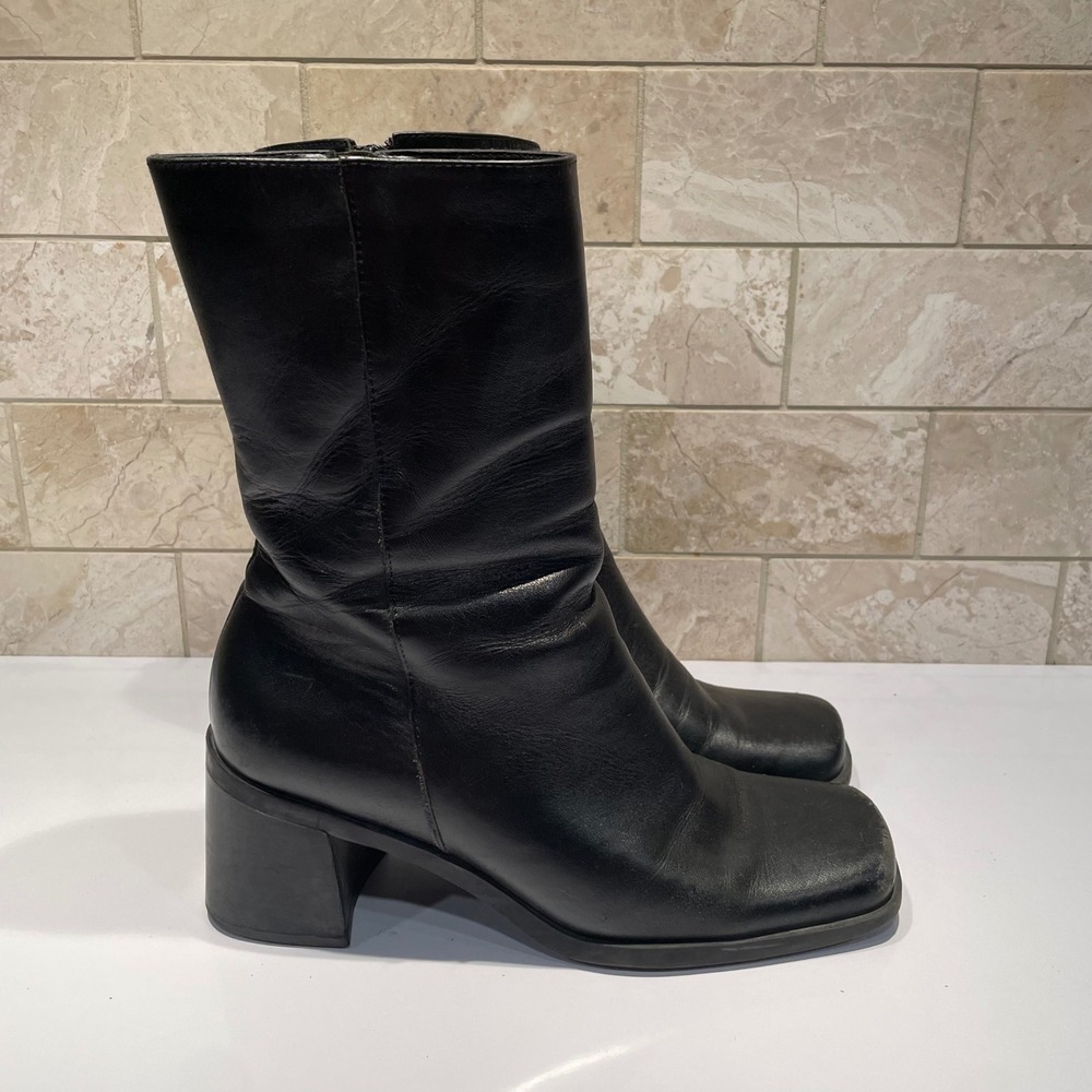 Bass Delia Vintage Black Leather Square Toe Block Heel Mid Calf Boots 7.5 Brazil